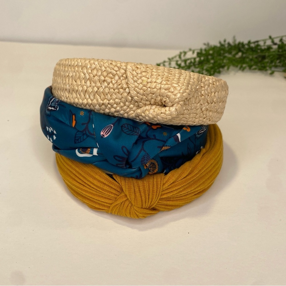 Three Knot Top Headbands Teal Floral Satin Yellow Striped Woven Rattan